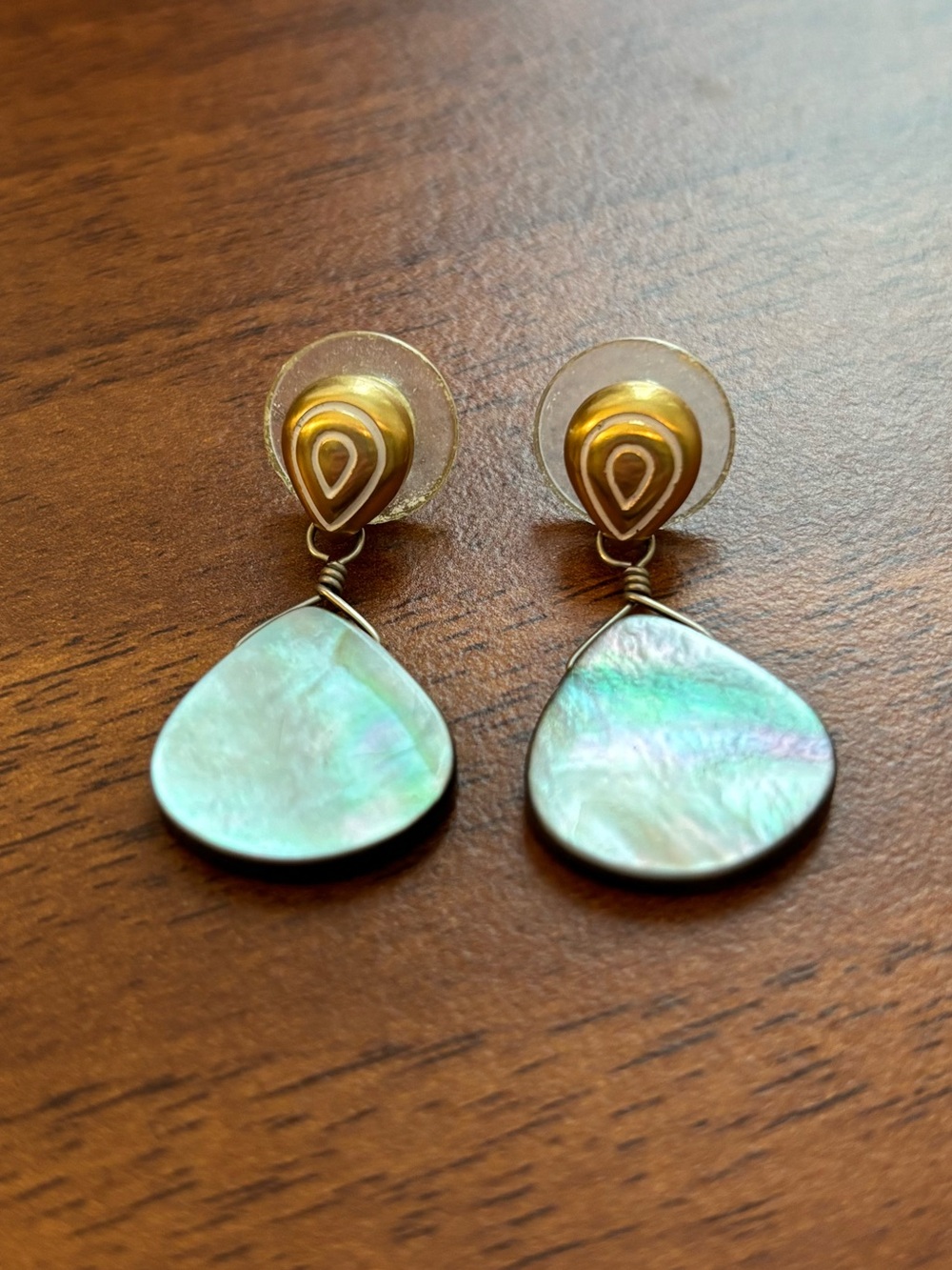 Brighton Gold Stud Post with Abalone / Shell Teardrop Pendant Dangle Earrings